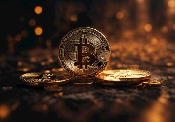 a bitcoin sitting on top of a pile of gold coins