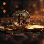 a bitcoin sitting on top of a pile of gold coins